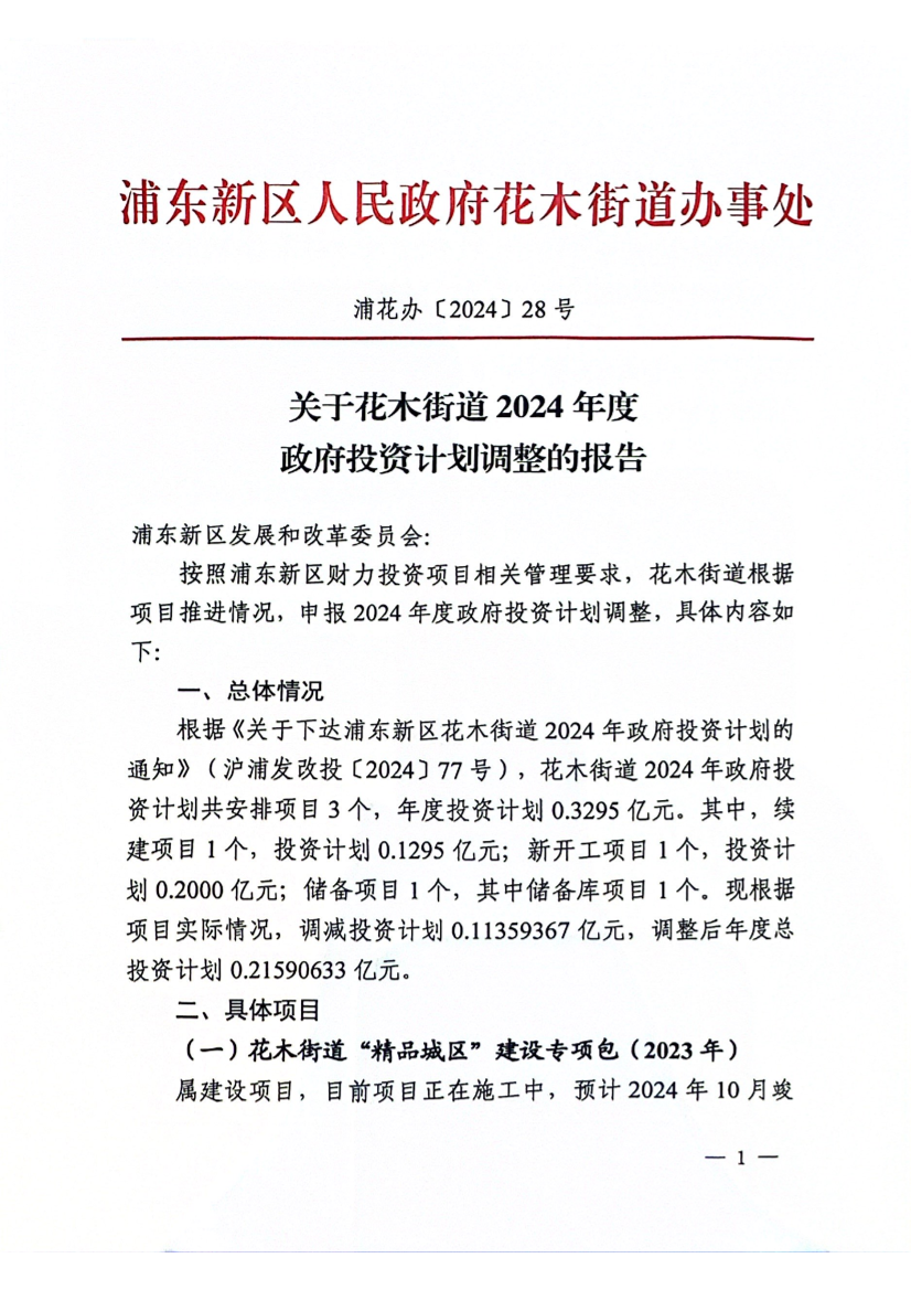 关于花木街道2024年度政府投资计划调整的报告