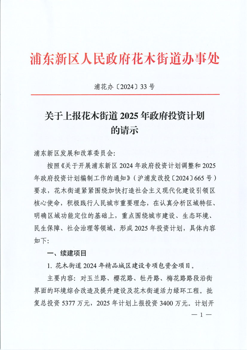 关于上报花木街道2025年政府投资计划的请示