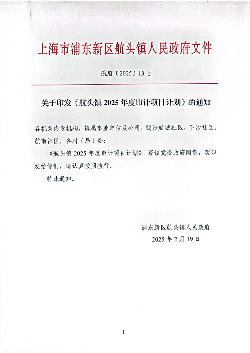 关于印发《航头镇2025年度审计项目计划》的通知
