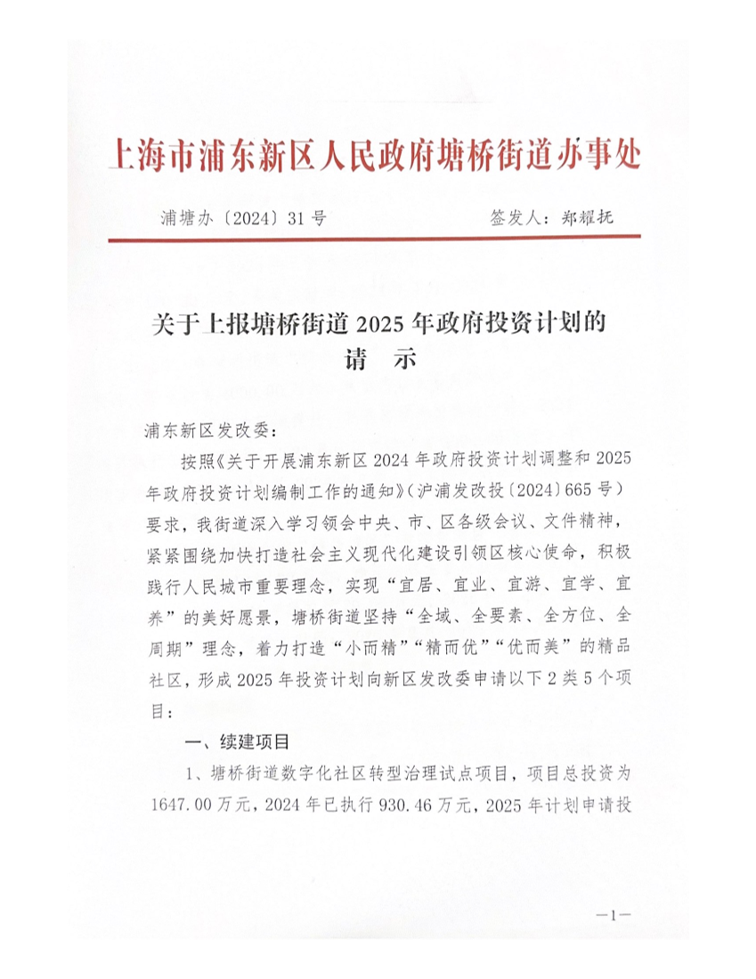关于上报塘桥街道2025年政府投资计划的请示