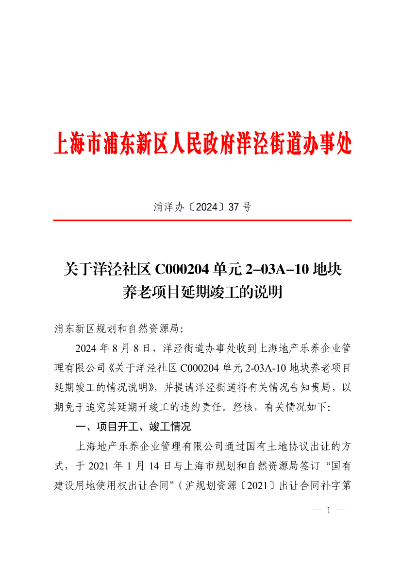 关于洋泾社区C000204单元2-03A-10地块养老项目延期竣工的说明