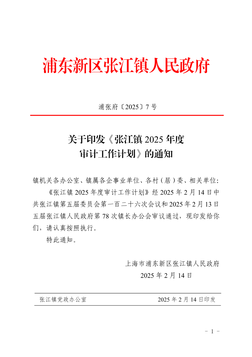 关于印发《张江镇2025年度审计工作计划》的通知