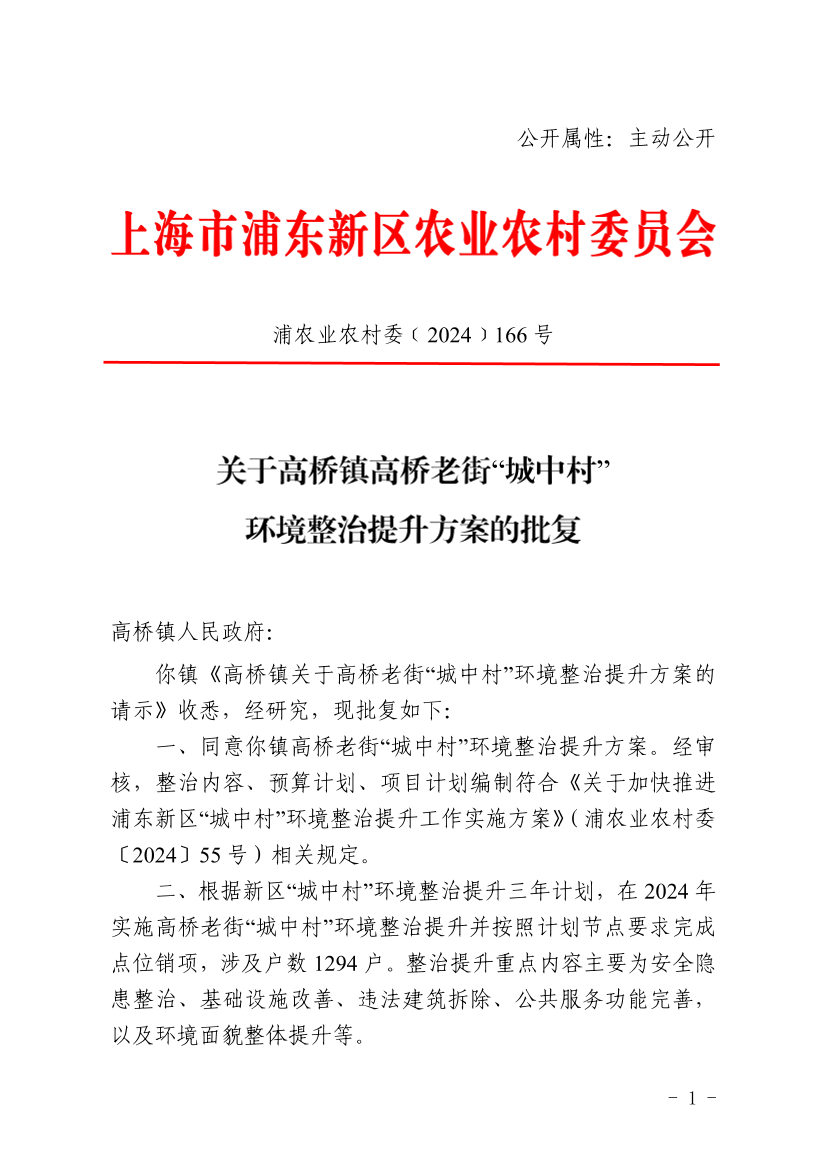 关于高桥镇高桥老街“城中村”环境整治提升方案的批复