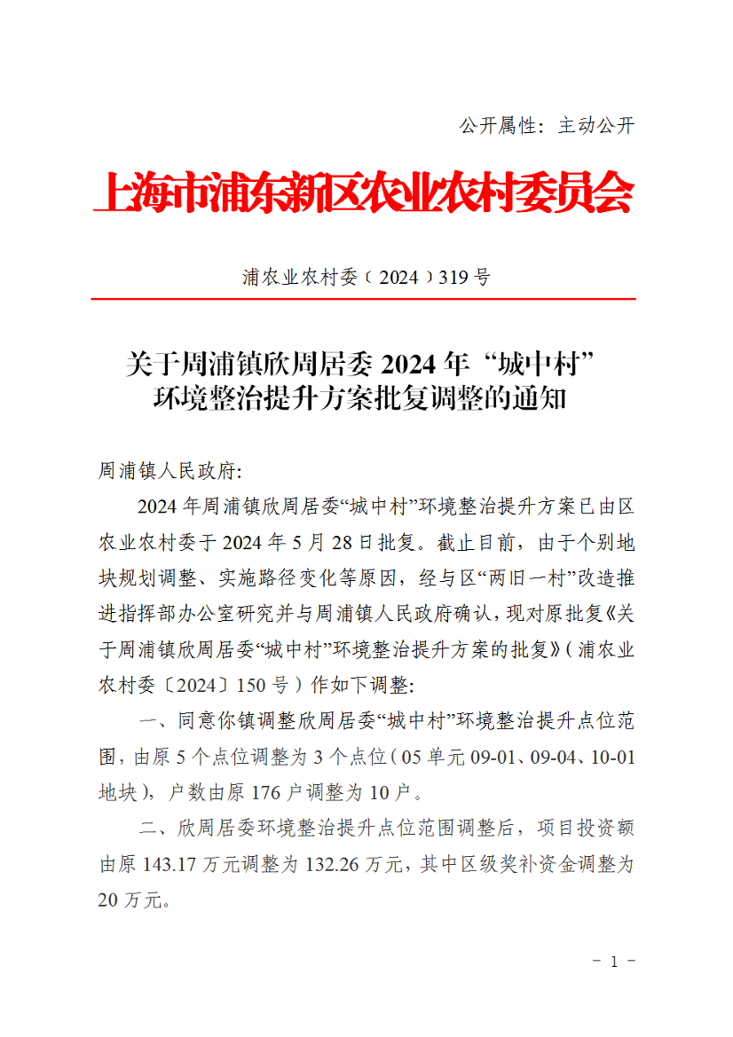 关于周浦镇欣周居委2024年“城中村” 环境整治提升方案批复的调整通知