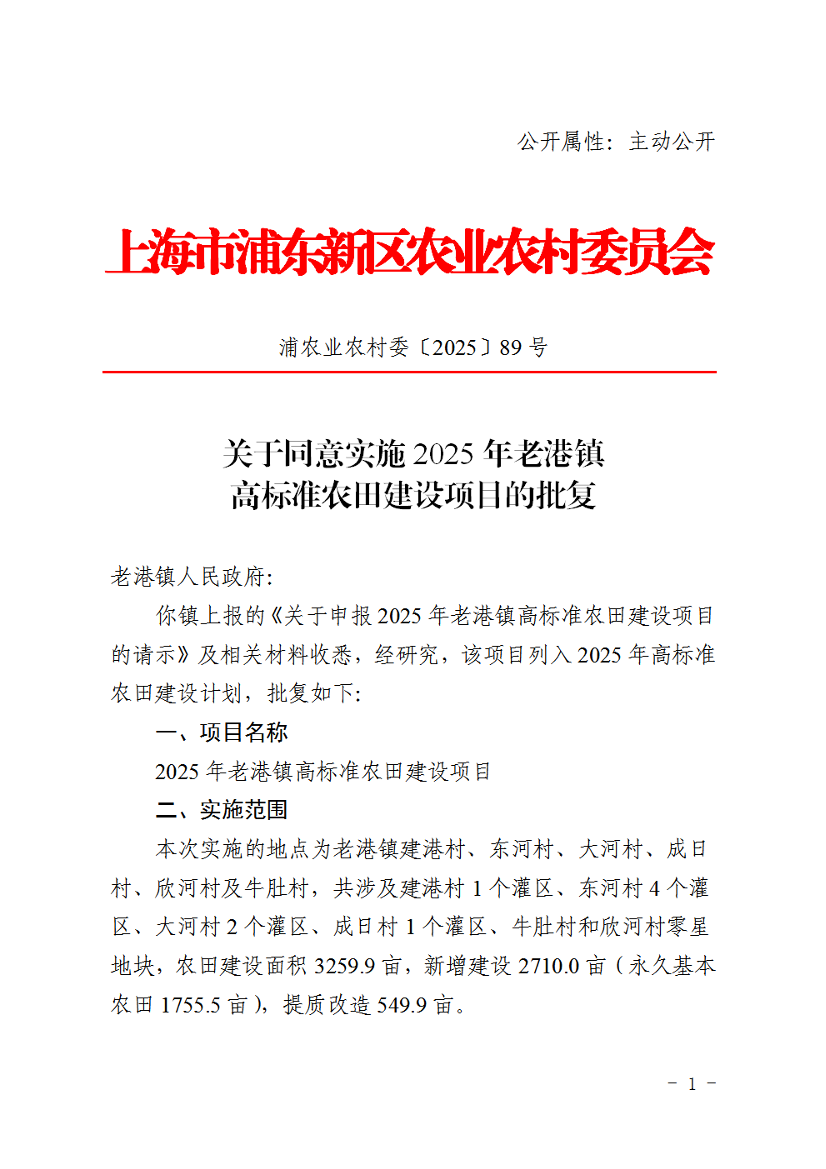 关于同意实施2025年老港镇高标准农田建设项目的批复