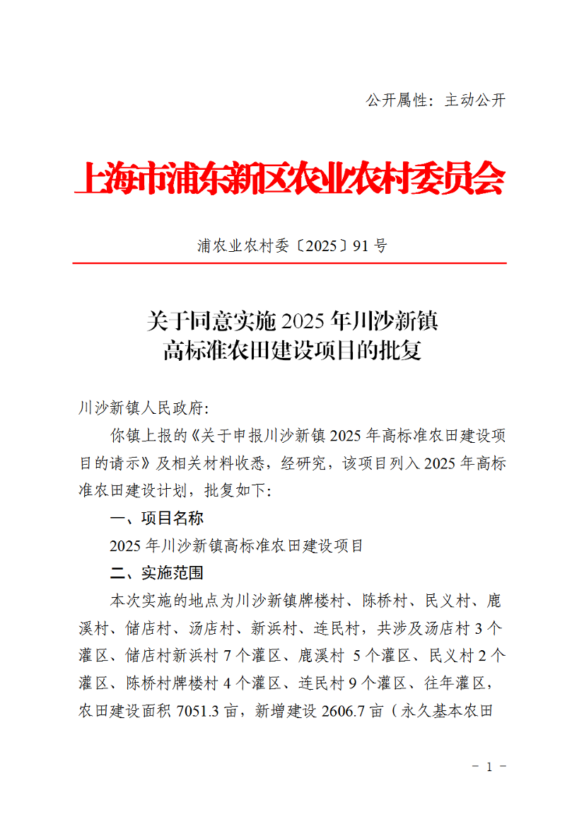 关于同意实施2025年川沙新镇高标准农田建设项目的批复