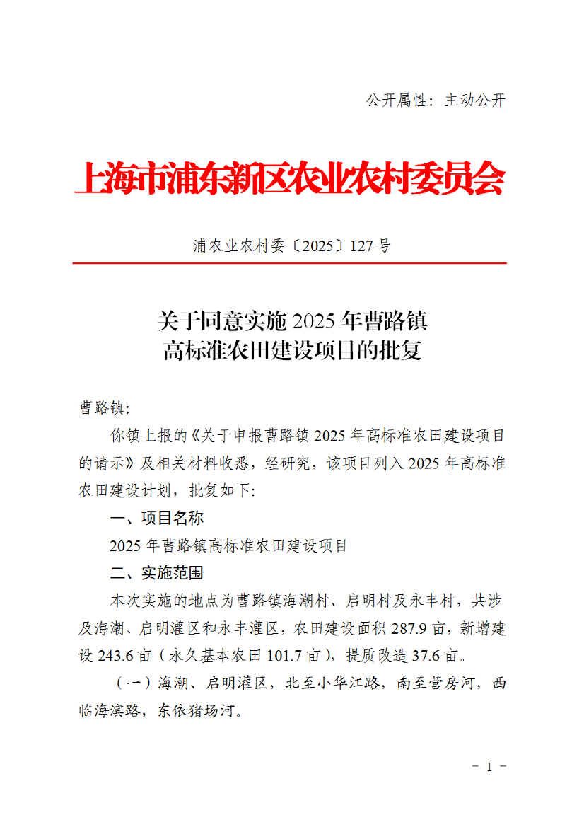 关于同意实施2025年曹路镇高标准农田建设项目的批复