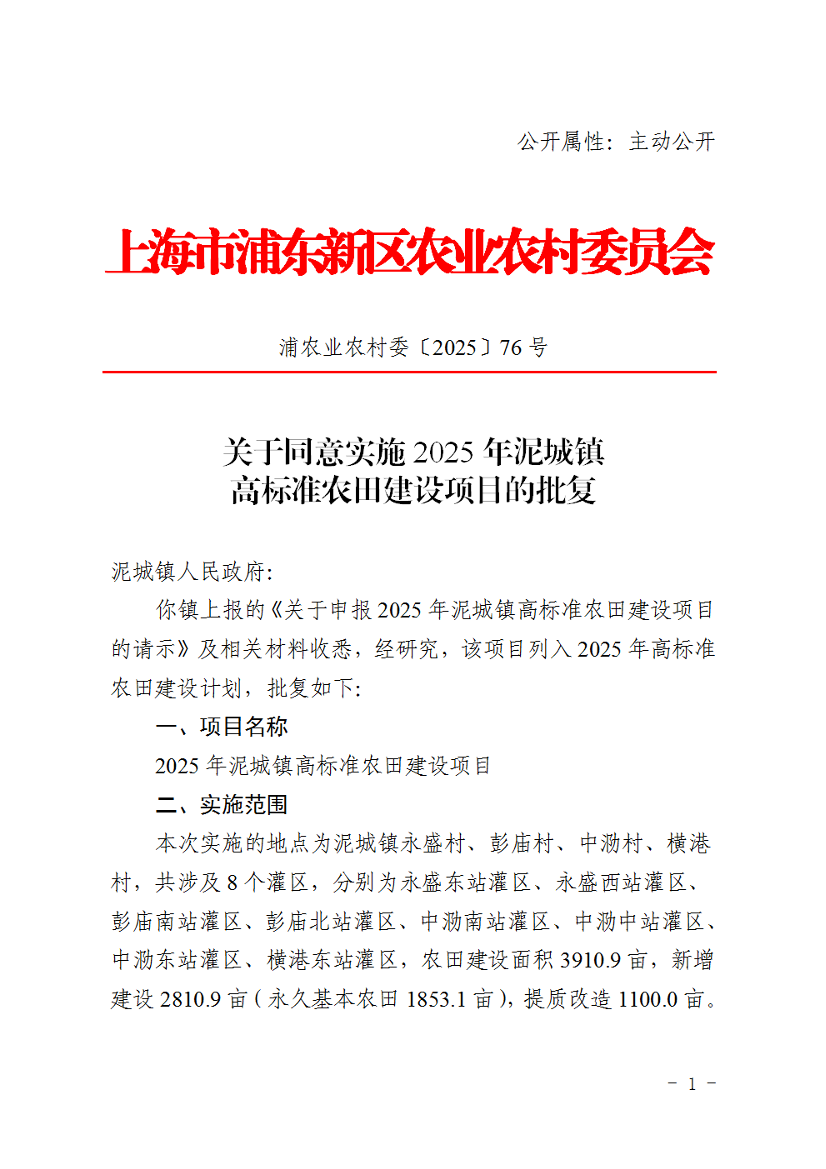 关于同意实施2025年泥城镇高标准农田建设项目的批复