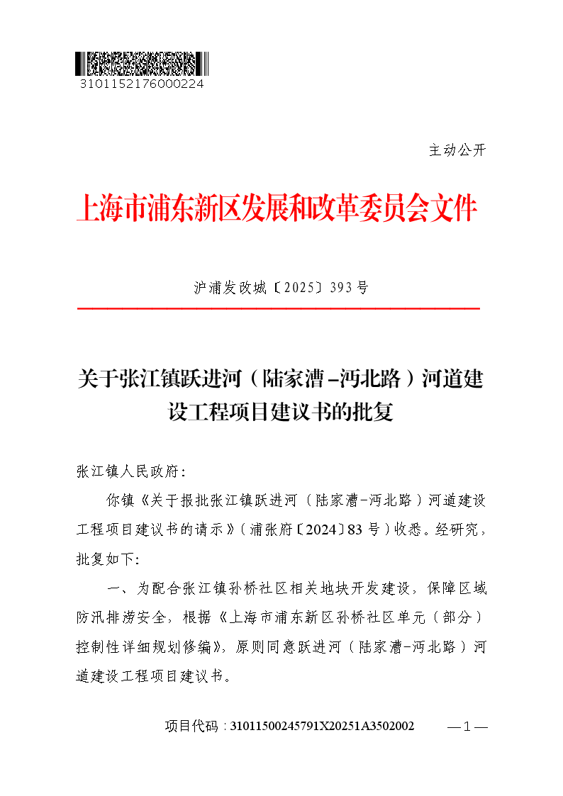 关于张江镇跃进河（陆家漕-沔北路）河道建设工程项目建议书的批复