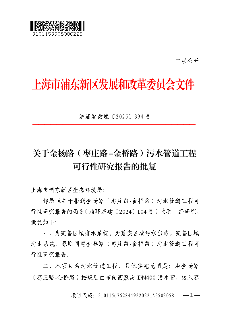 关于金杨路（枣庄路-金桥路）污水管道工程可行性研究报告的批复