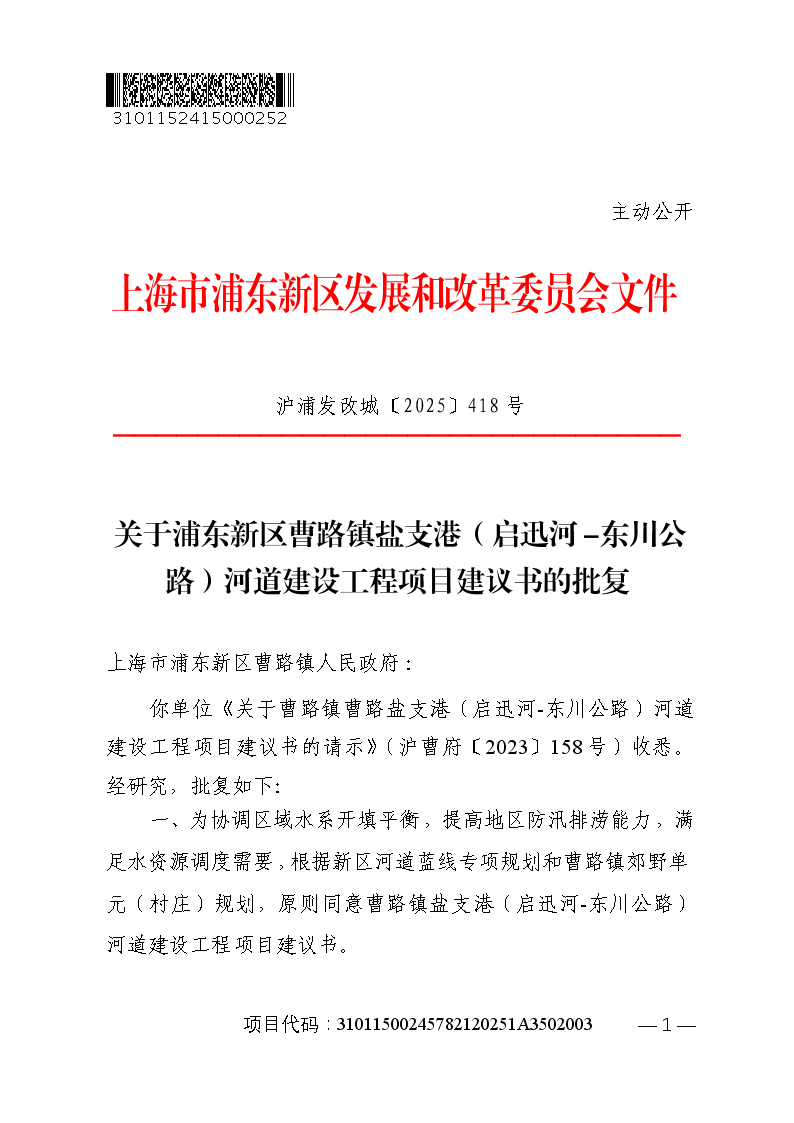 关于浦东新区曹路镇盐支港（启迅河-东川公路）河道建设工程项目建议书的批复
