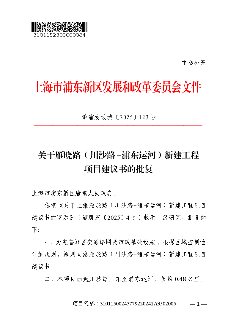 关于雁晓路（川沙路-浦东运河）新建工程项目建议书的批复
