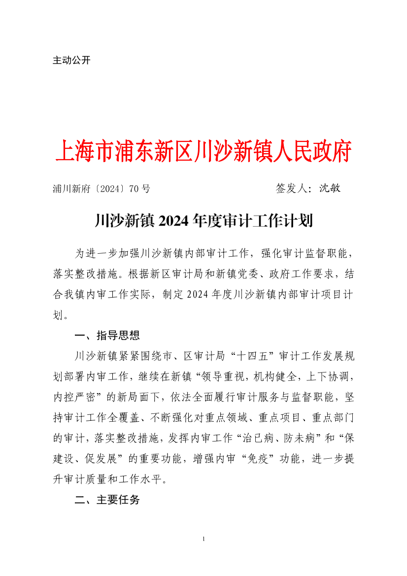 川沙新镇2024年度审计工作计划