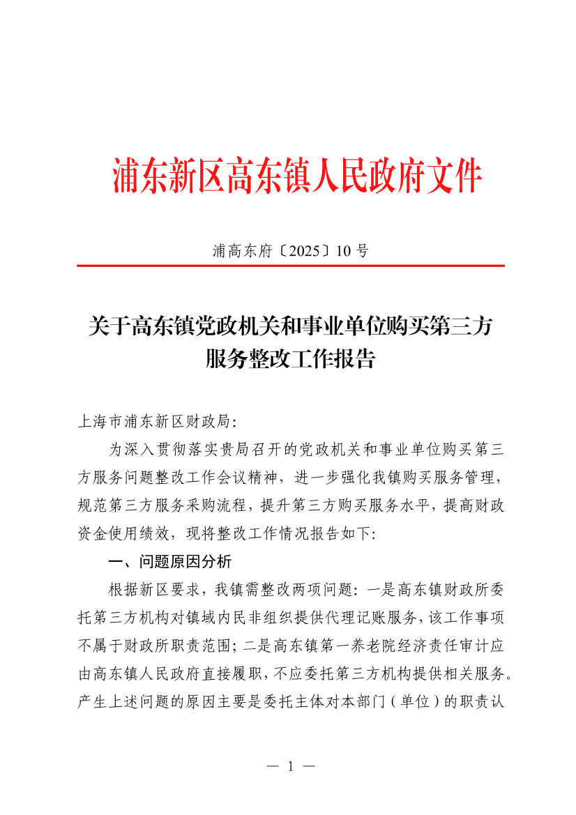 关于高东镇党政机关和事业单位购买第三方服务整改工作的报告