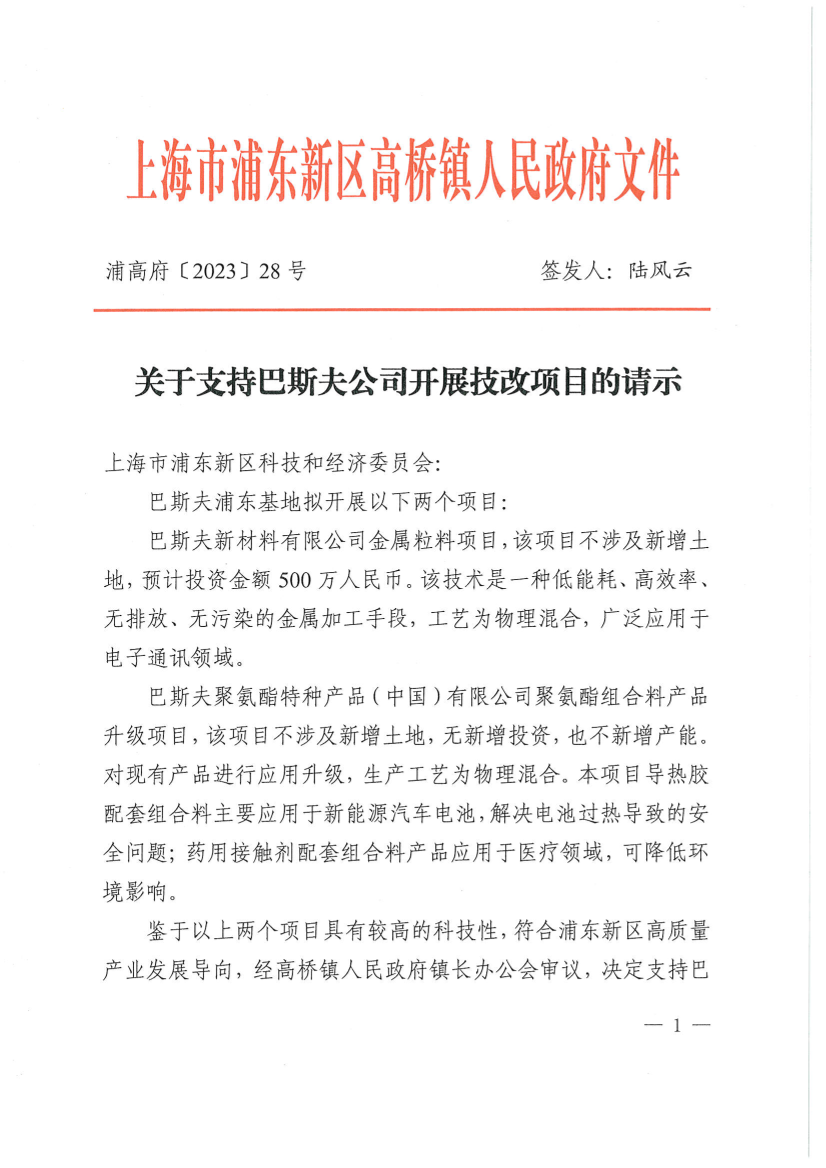 关于支持巴斯夫公司开展技改项目的请示