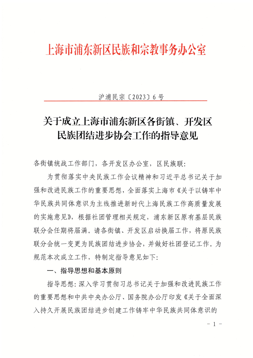 关于成立上海市浦东新区各街镇、开发区民族团结进步协会工作的指导意见
