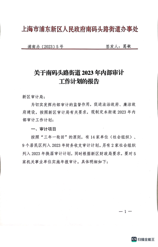 关于南码头路街道2023年内部审计工作计划的报告