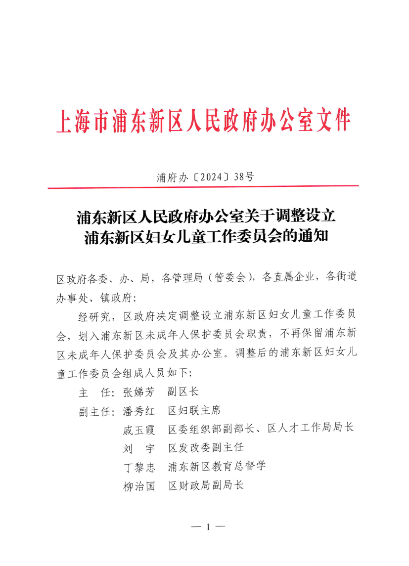 浦东新区人民政府办公室关于调整设立浦东新区妇女儿童工作委员会的通知