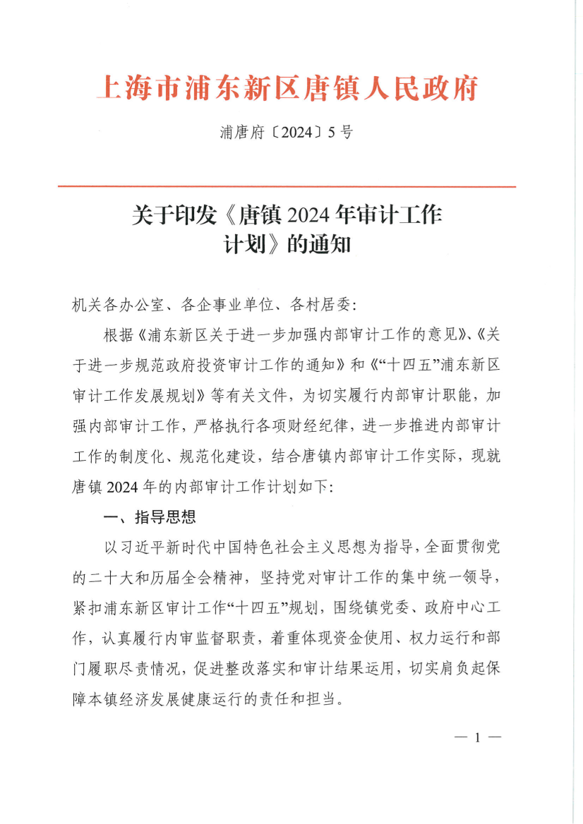关于印发《唐镇2024年审计工作计划》的通知