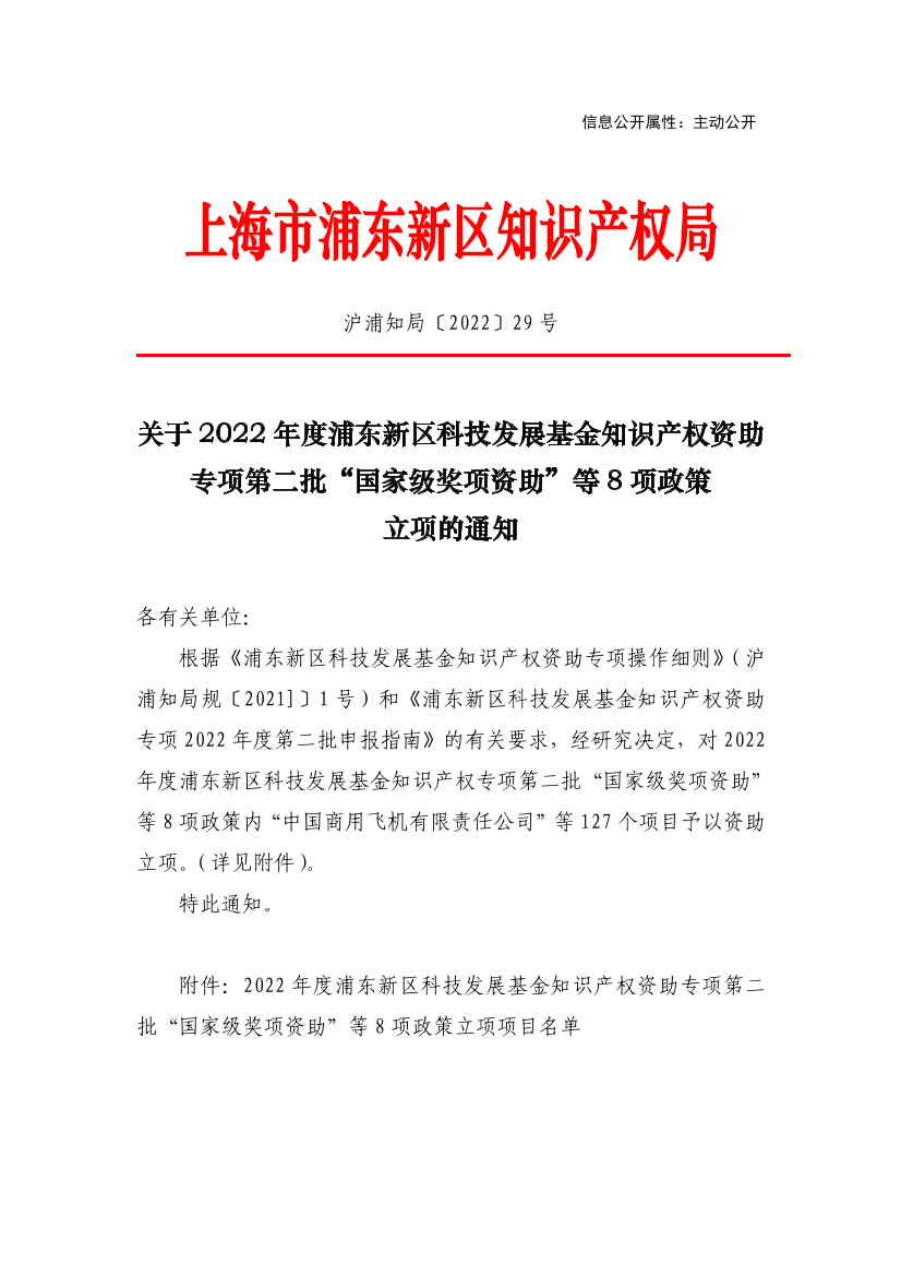 关于2022年度浦东新区科技发展基金知识产权资助专项第二批“国家级奖项资助”等8项政策立项的通知