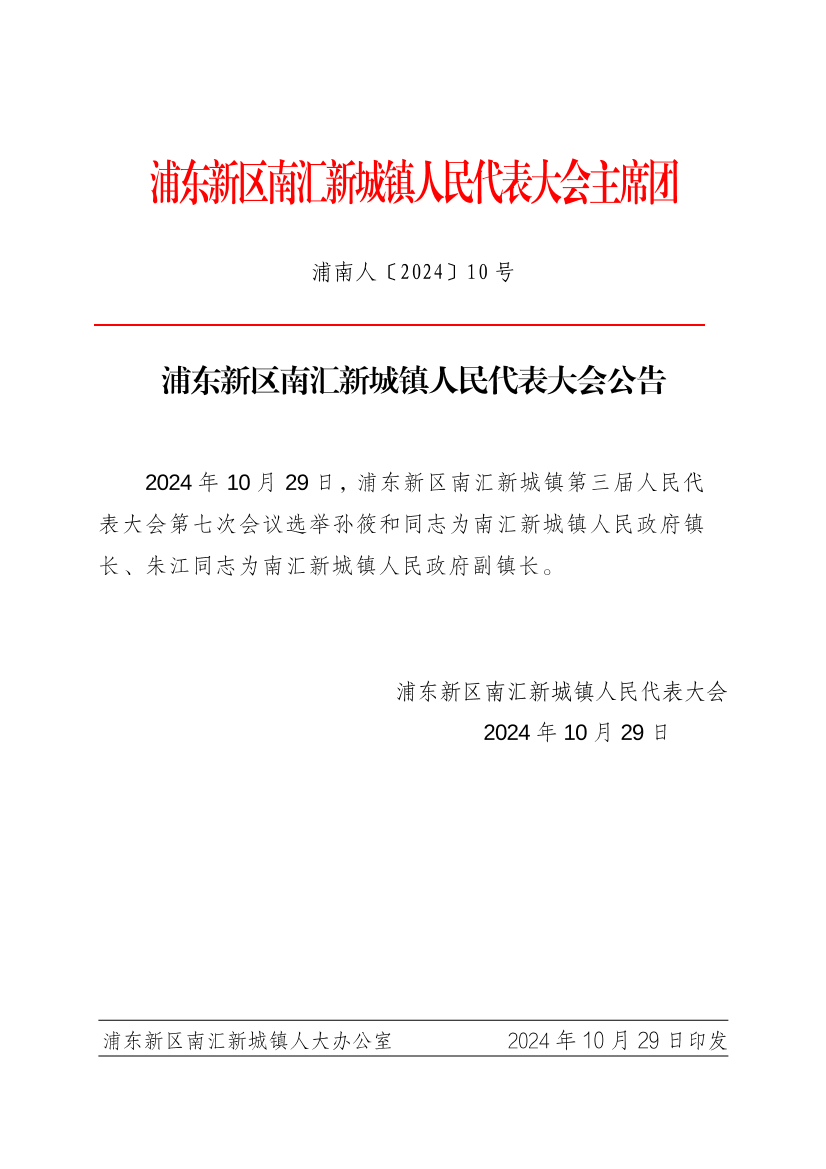 浦东新区南汇新城镇人民代表大会公告