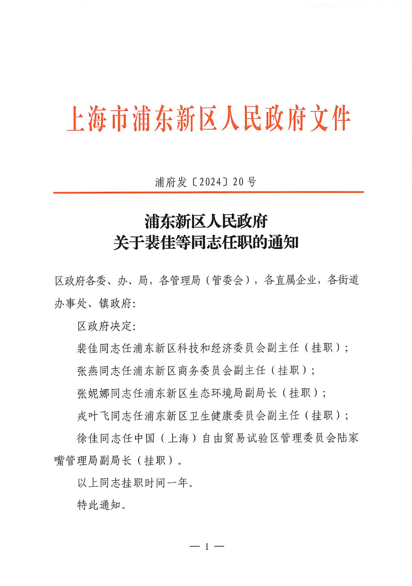 浦东新区人民政府关于裴佳等同志任职的通知