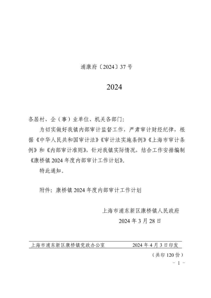 关于印发《康桥镇2024年度内部审计工作计划》的通知