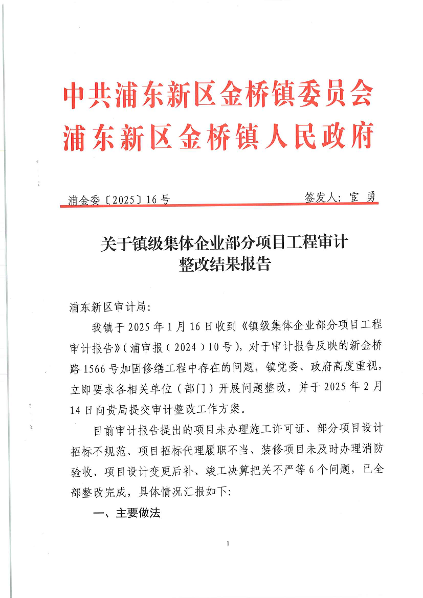 关于镇级集体企业部分项目工程审计整改结果报告