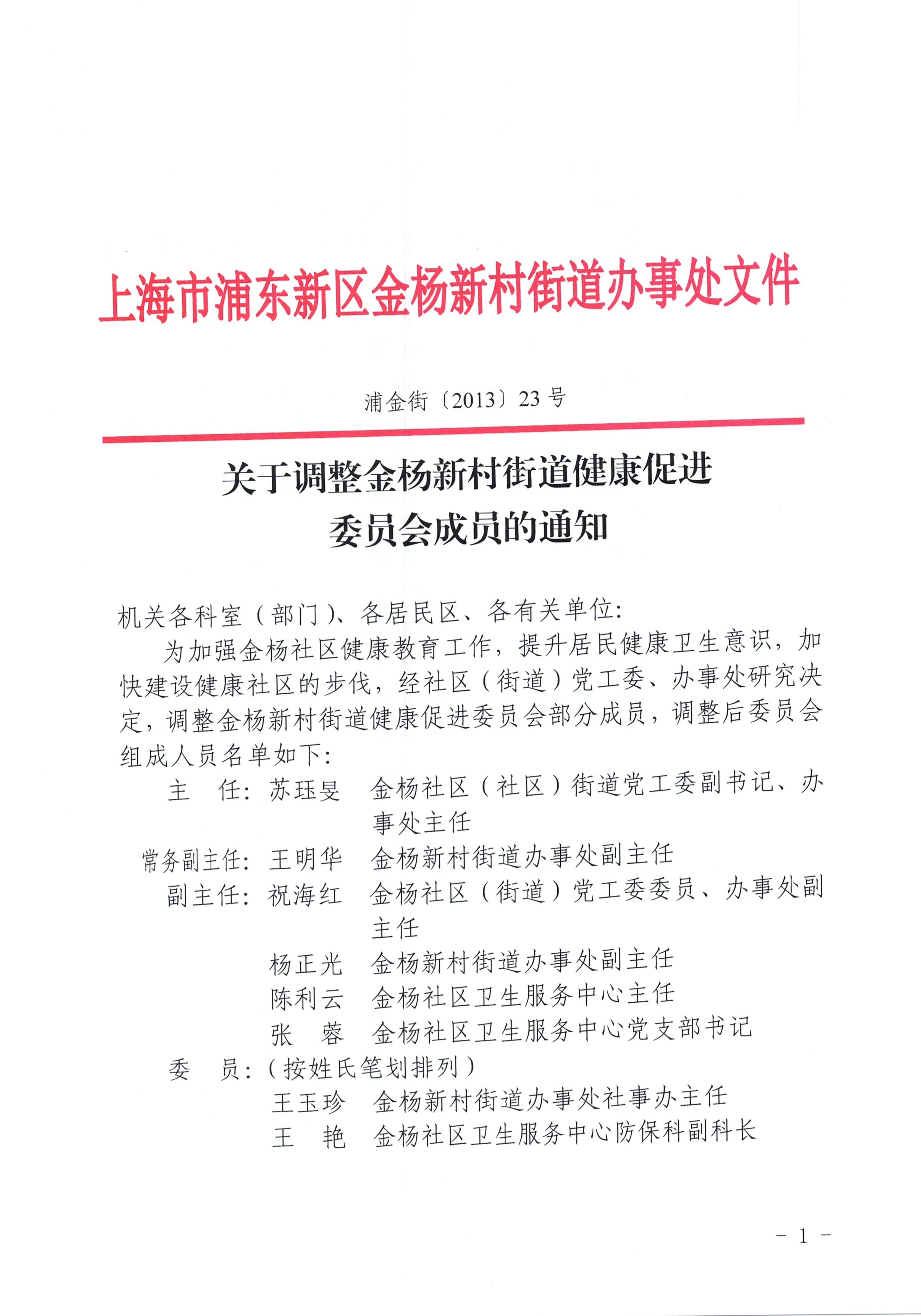 关于调整金杨新村街道健康促进委员会成员的通知