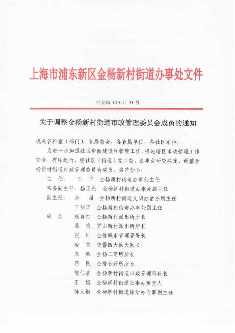 关于调整金杨新村街道市政管理委员会成员的通知