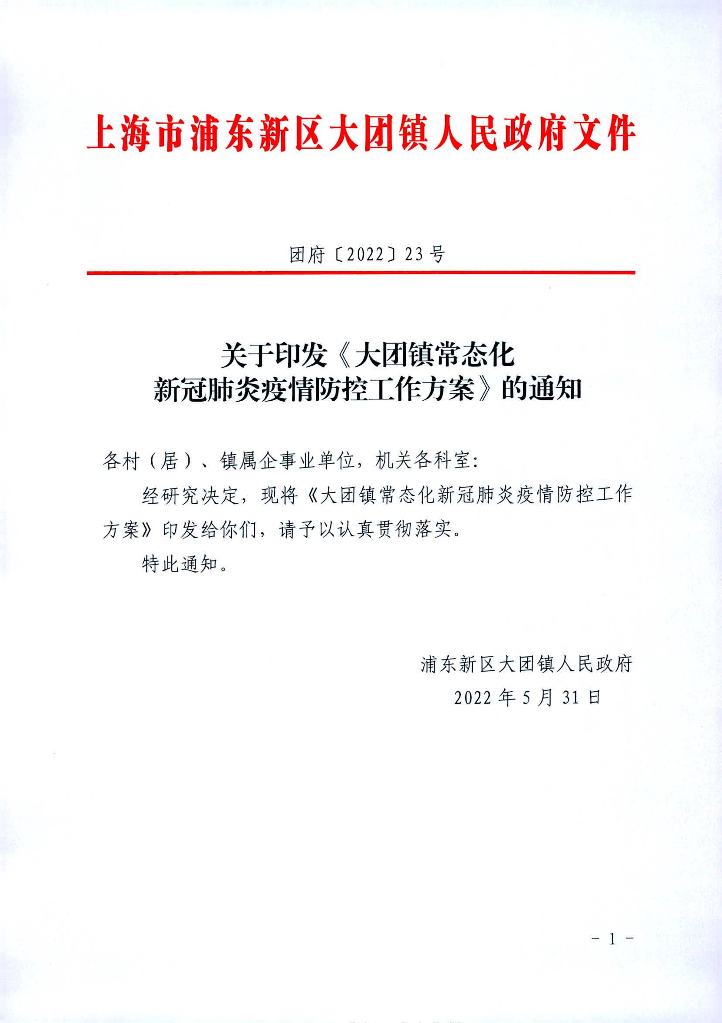 关于印发《大团镇常态化新冠肺炎疫情防控工作方案》的通知