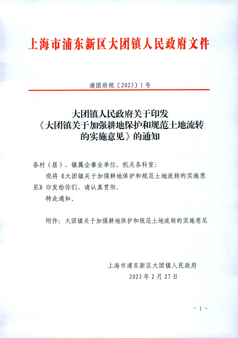 大团镇人民政府关于印发 《大团镇关于加强耕地保护和规范土地流转的实施意见》的通知