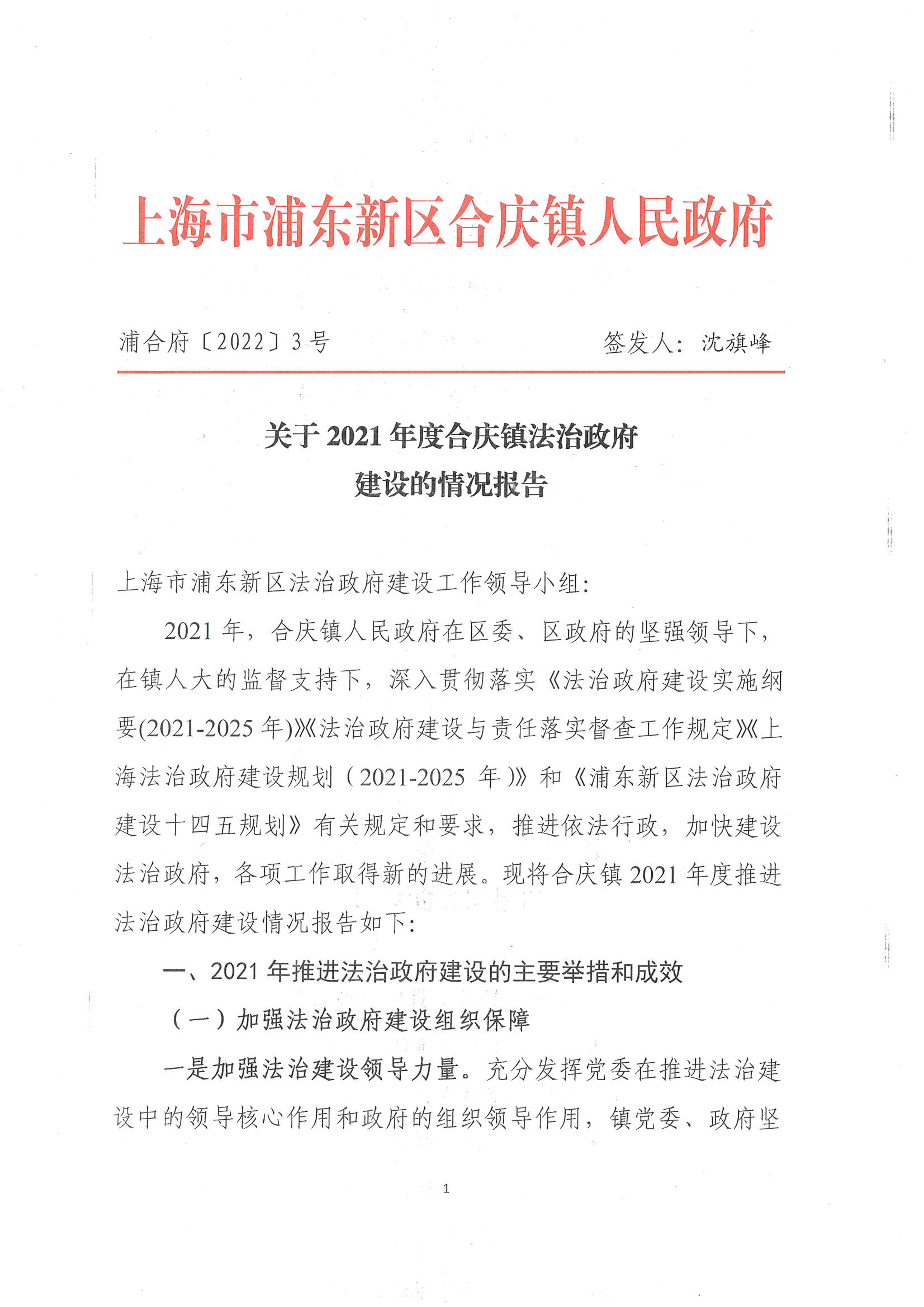 关于2021年度合庆镇法治政府建设的情况报告