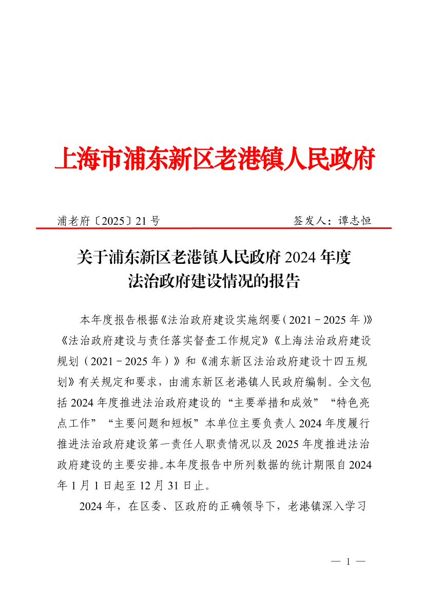 关于浦东新区老港镇人民政府2024年度 法治政府建设情况的报告