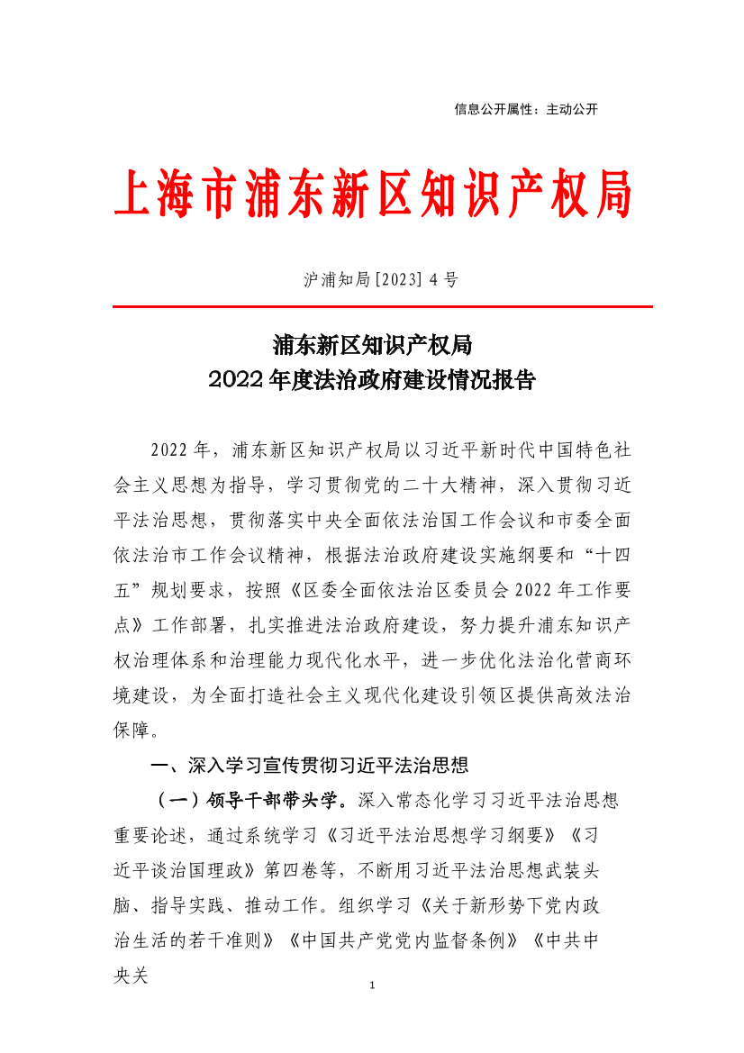 浦东新区知识产权局2022年度法治政府建设情况报告