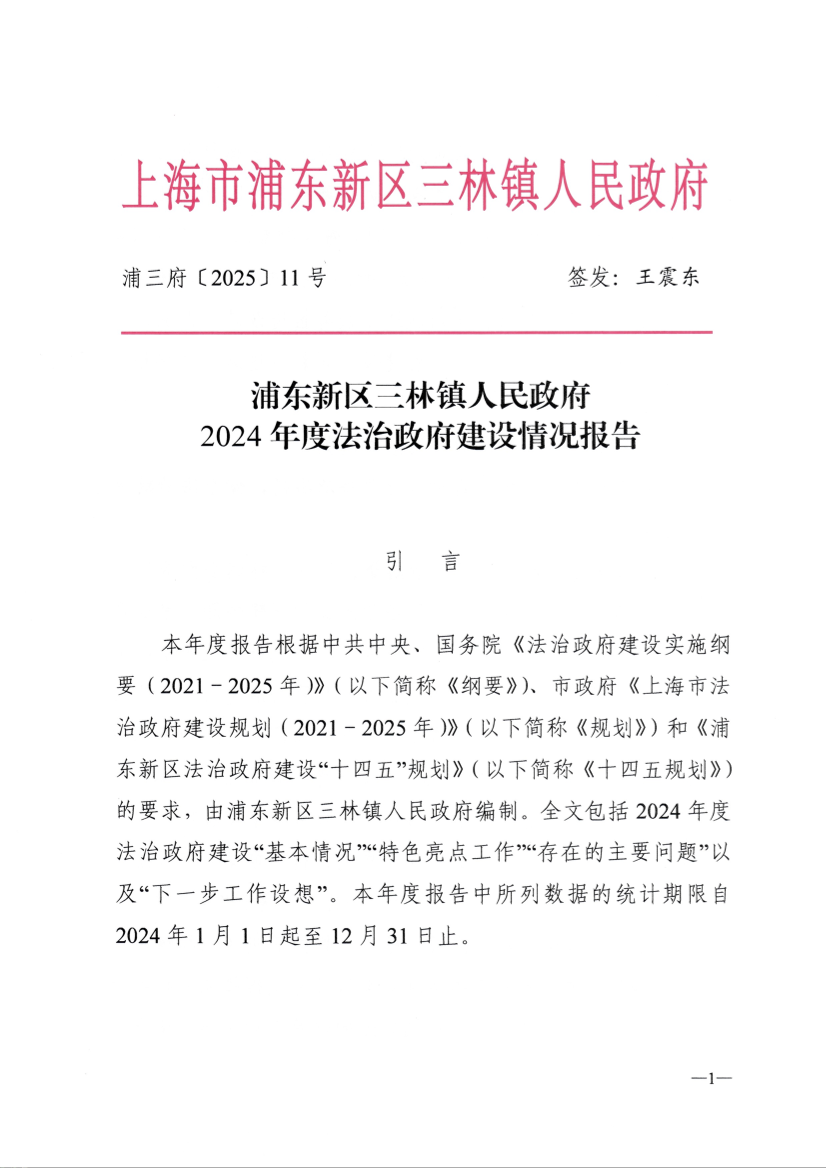 浦东新区三林镇人民政府2024年度法治政府建设情况报告