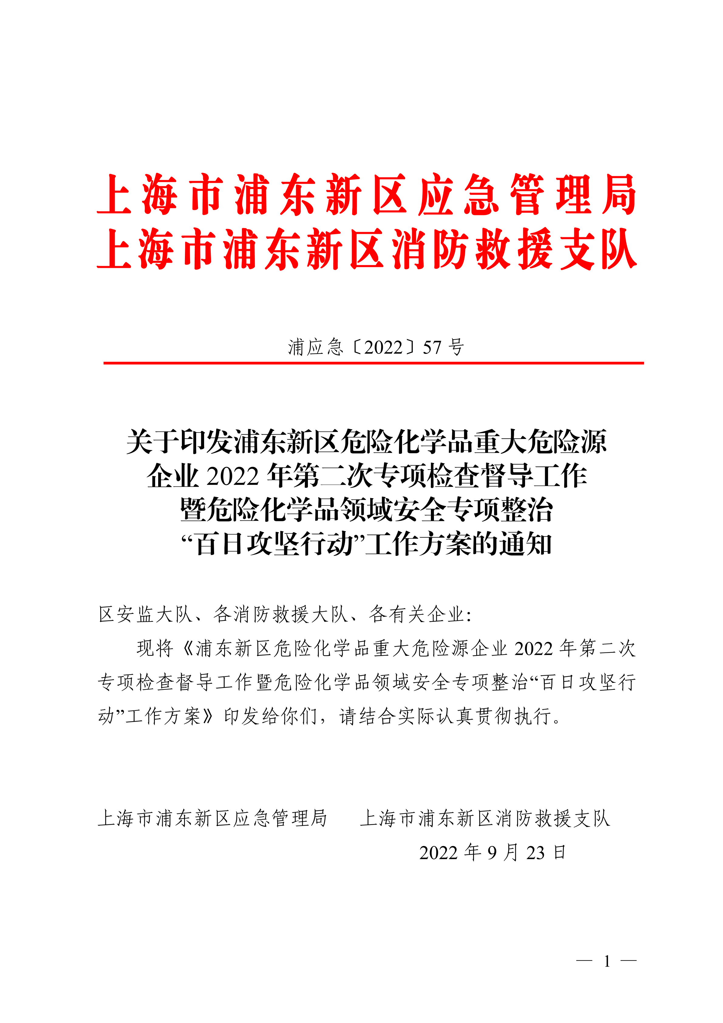 关于印发浦东新区危险化学品重大危险源企业2022年第二次专项检查督导工作暨危险化学品领域安全专项整治“百日攻坚行动”工作方案的通知