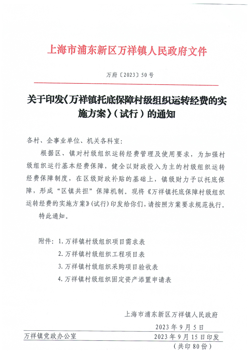 关于印发《万祥镇托底保障村级组织运转经费的实施方案》（试行）的通知