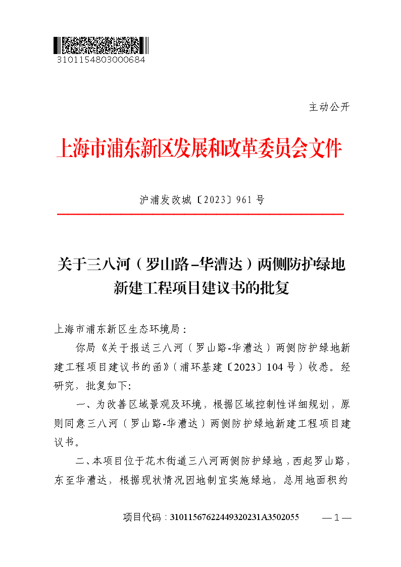 关于三八河（罗山路-华漕达）两侧防护绿地新建工程项目建议书的批复