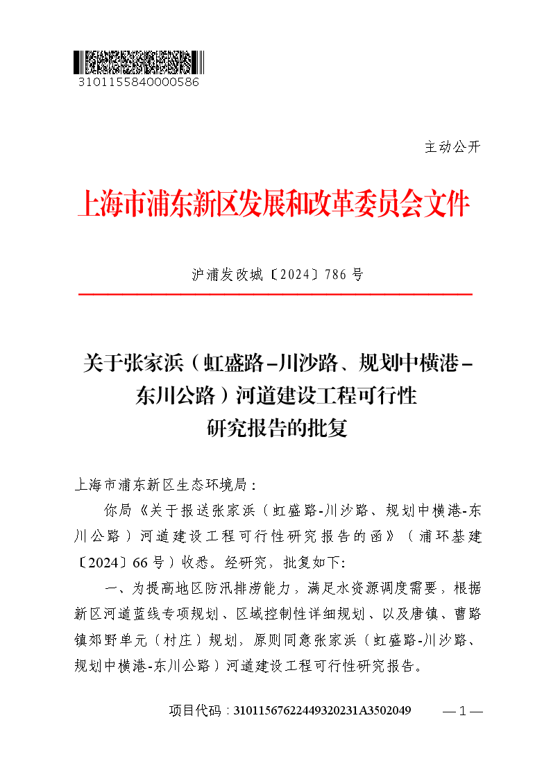 关于张家浜（虹盛路-川沙路、规划中横港-东川公路）河道建设工程可行性研究报告的批复