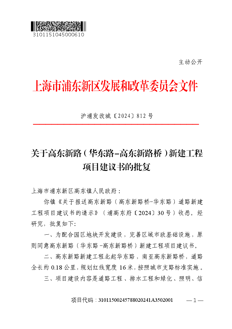 关于高东新路（华东路-高东新路桥）新建工程项目建议书的批复