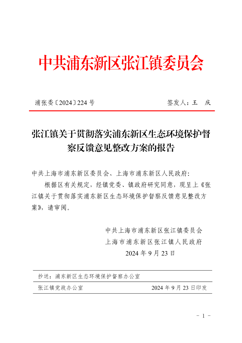 张江镇关于贯彻落实浦东新区生态环境保护督察反馈意见整改方案的报告