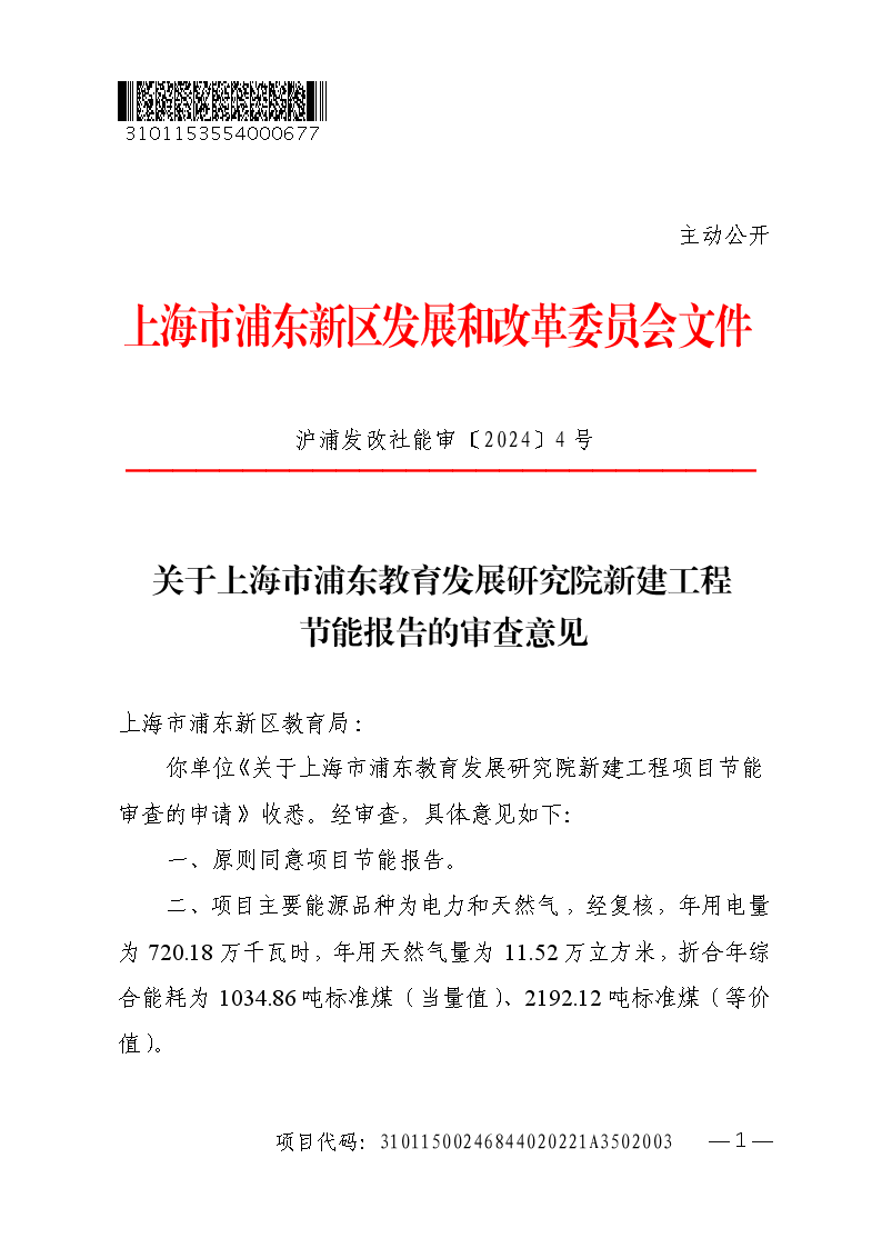 关于上海市浦东教育发展研究院新建工程节能报告的审查意见