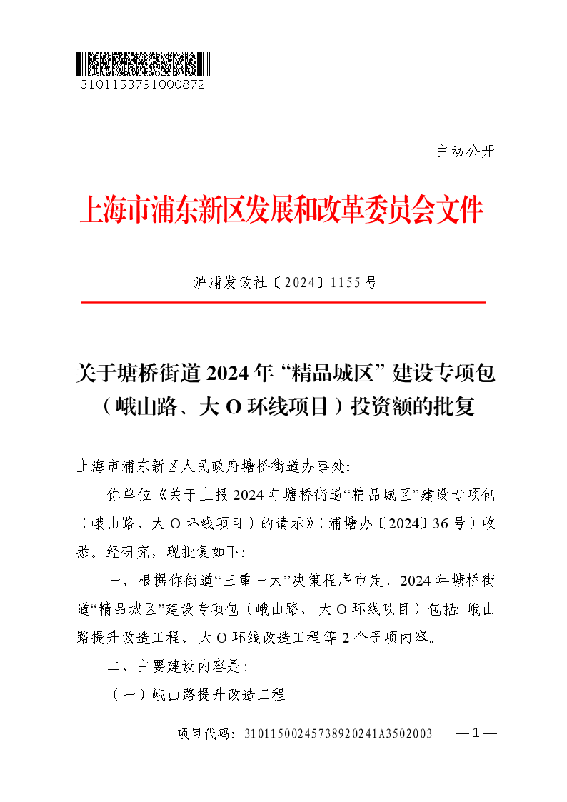 关于塘桥街道2024年“精品城区”建设专项包（峨山路、大O环线项目）投资额的批复