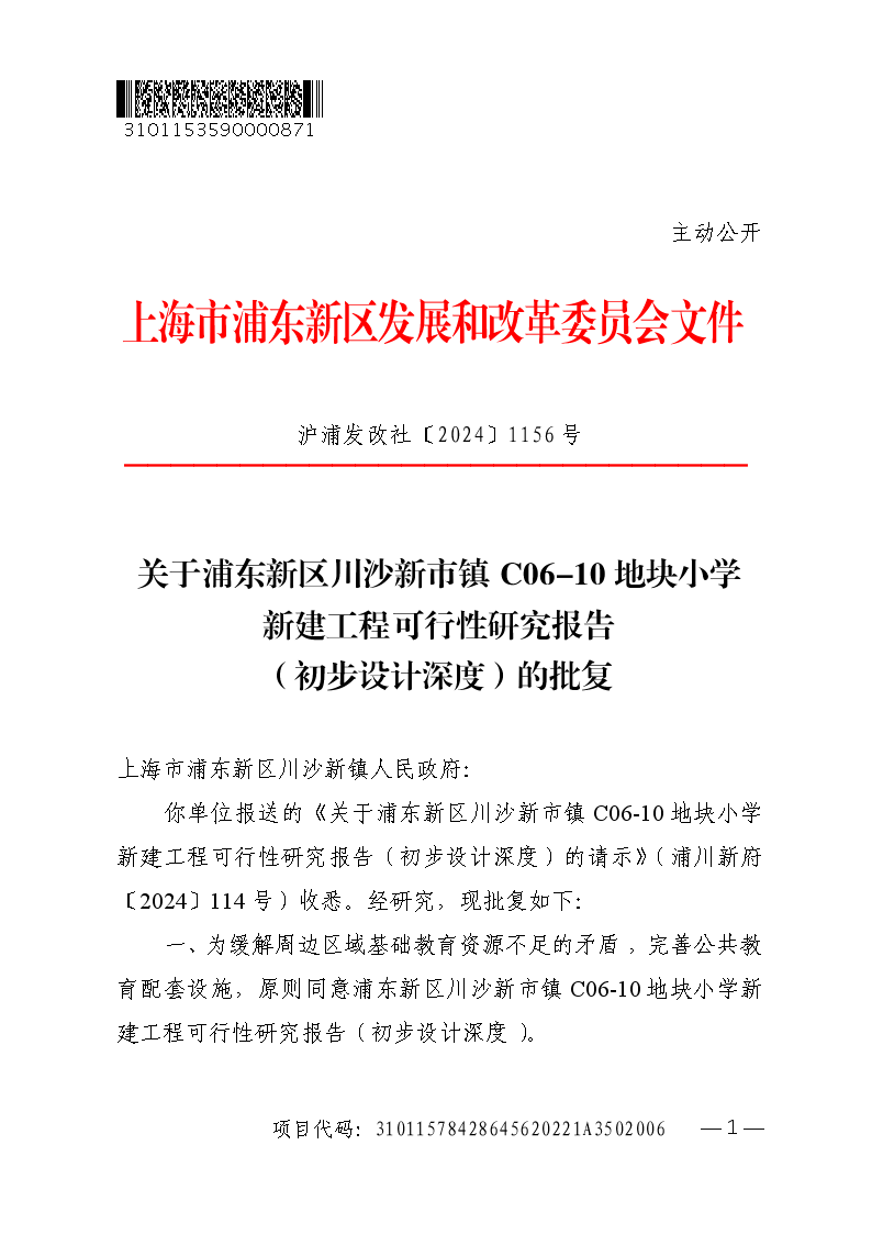 关于浦东新区川沙新市镇C06-10地块小学新建工程可行性研究报告（初步设计深度）的批复