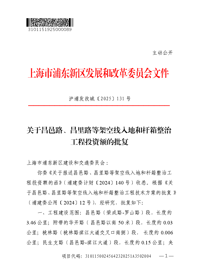 关于昌邑路、昌里路等架空线入地和杆箱整治工程投资额的批复