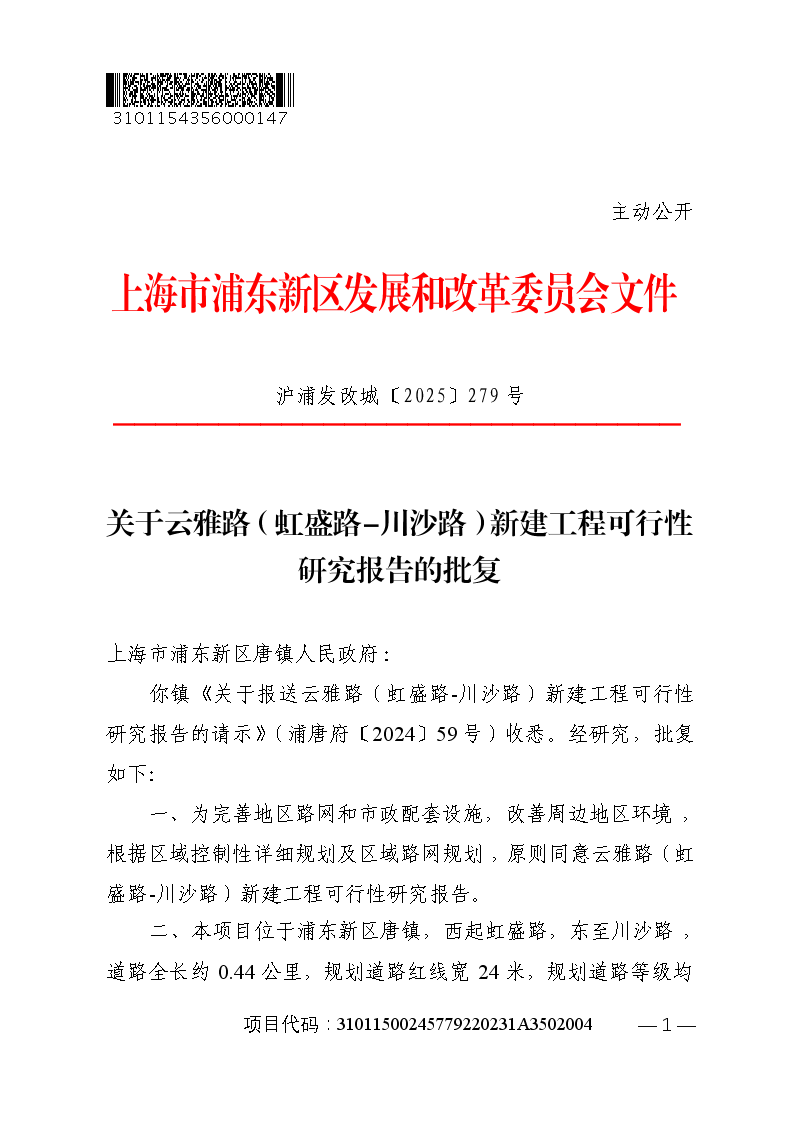 关于云雅路（虹盛路-川沙路）新建工程可行性研究报告的批复