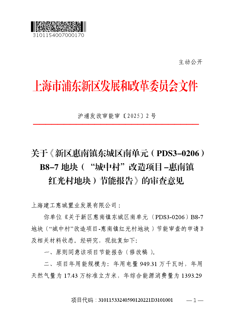 关于《新区惠南镇东城区南单元（PDS3-0206）B8-7地块（“城中村”改造项目-惠南镇红光村地块）节能报告》的审查意见