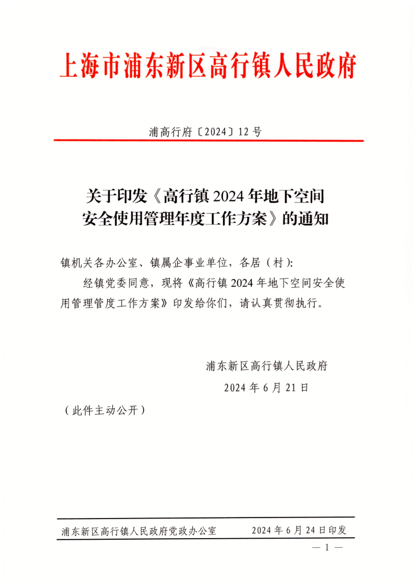 关于印发《高行镇2024年地下空间 安全使用管理年度工作方案》的通知