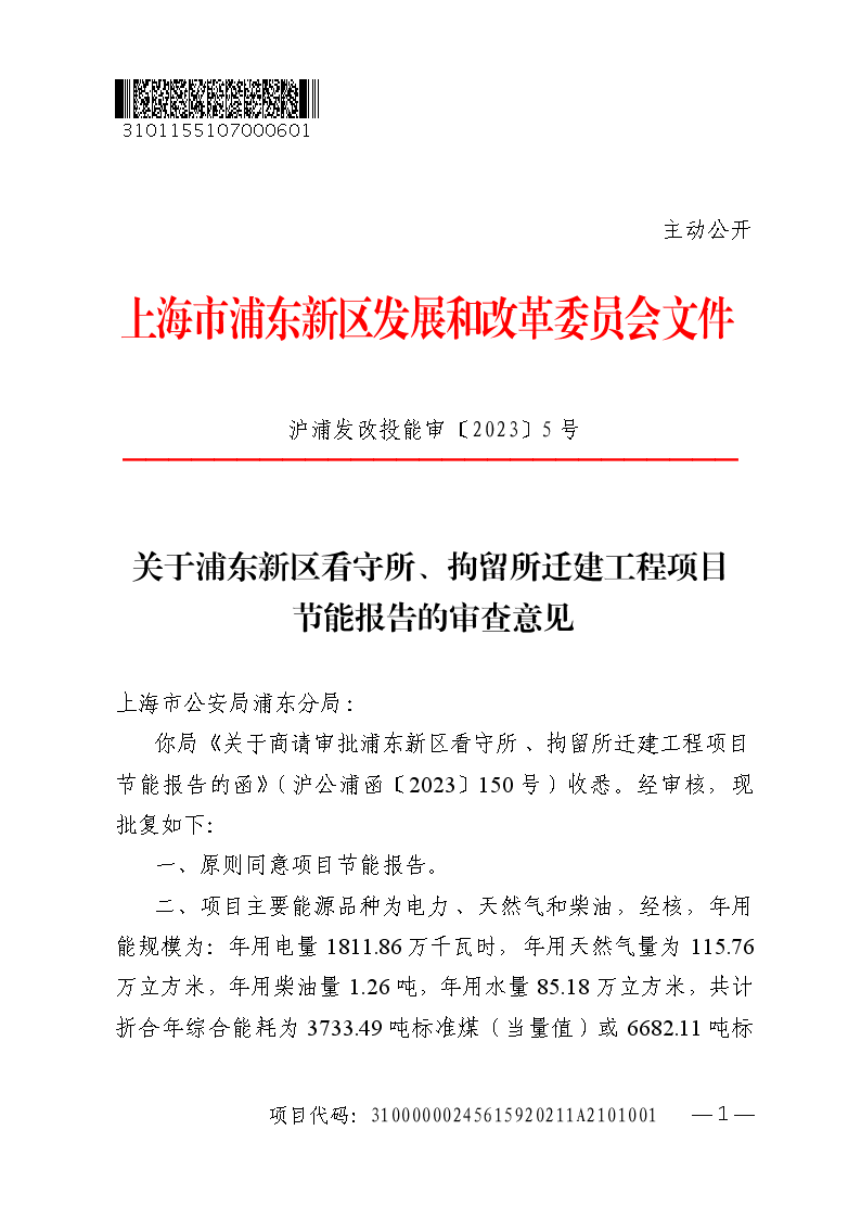 关于浦东新区看守所、拘留所迁建工程项目节能报告的审查意见